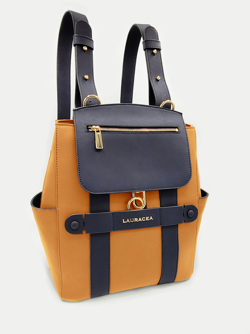 Mini Convertible Backpack Tote Caramel Navy [Mini Convertible Backpack Tote, Convertible Mini Tote, Carryall Bag]