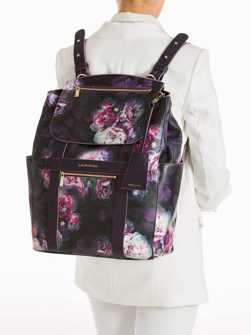 Convertible Backpack Tote Black Peony [Printed Leather, Comfortable Bag]