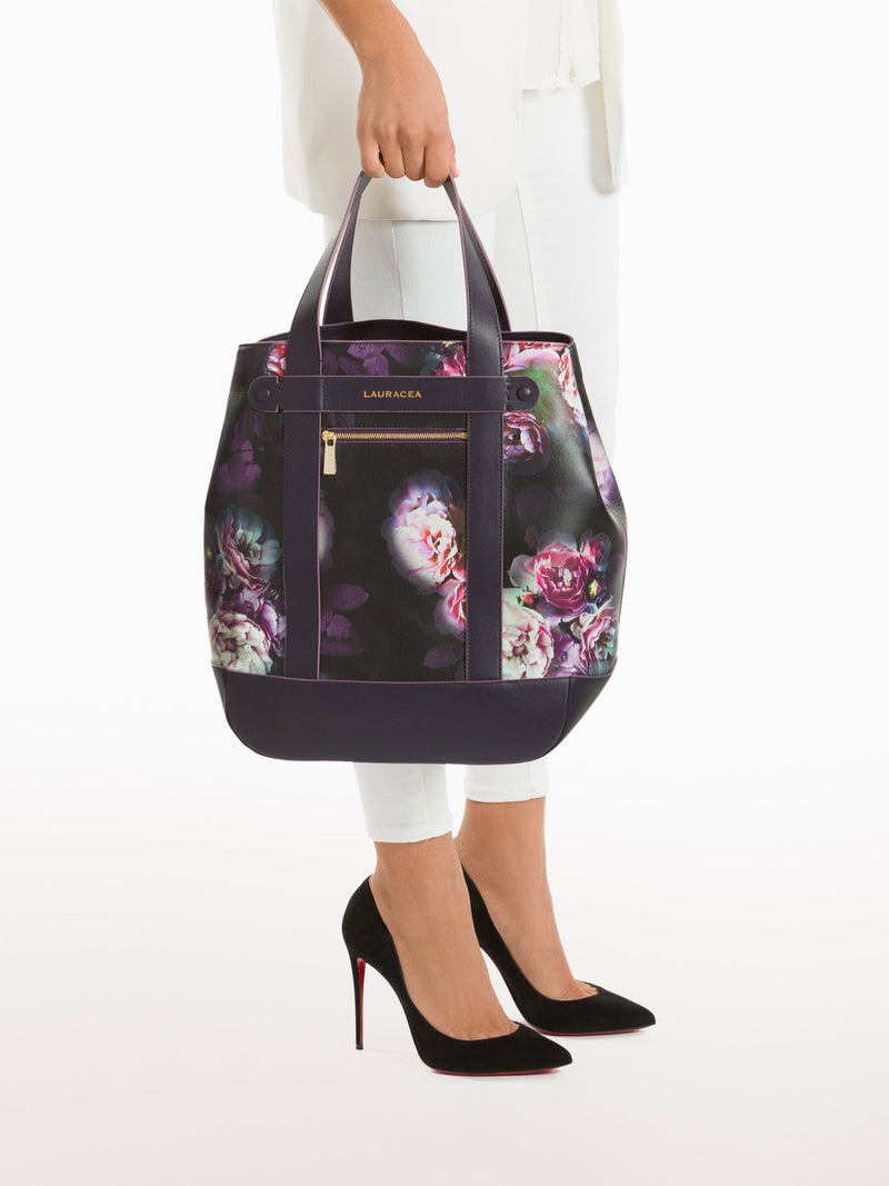 Hampton Shopper Black Peony [Handbag, Italian Leather, Timeless Design, Classic Shopper]
