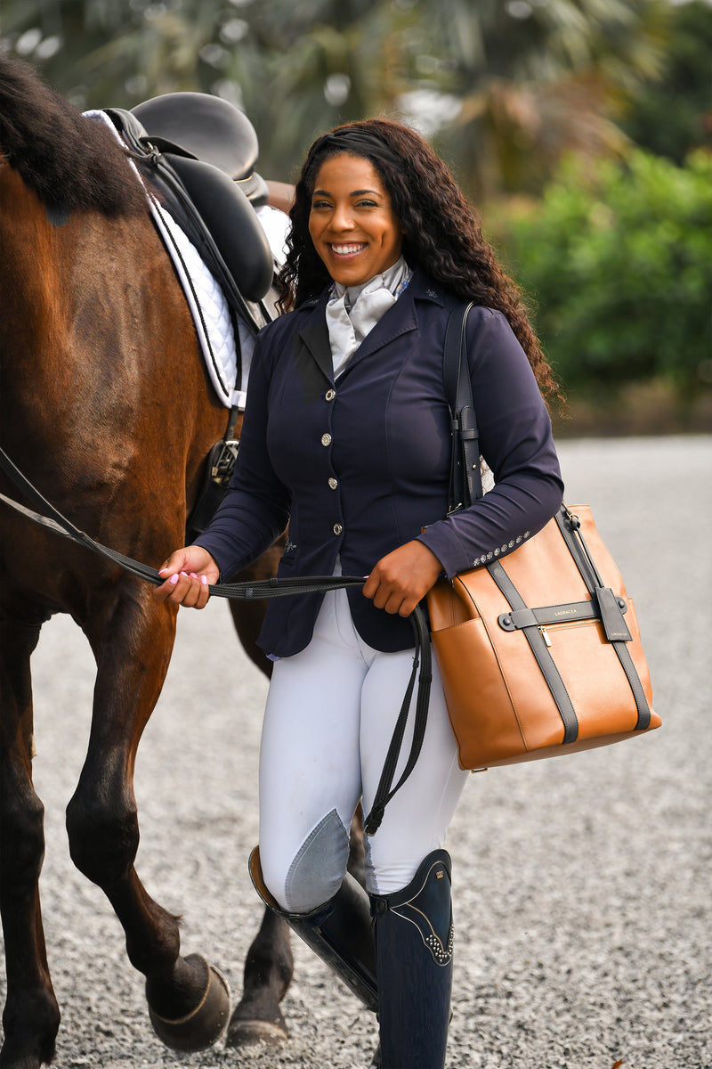 CONVERTIBLE BACKPACK TOTE - CARAMEL / NAVY LEATHER