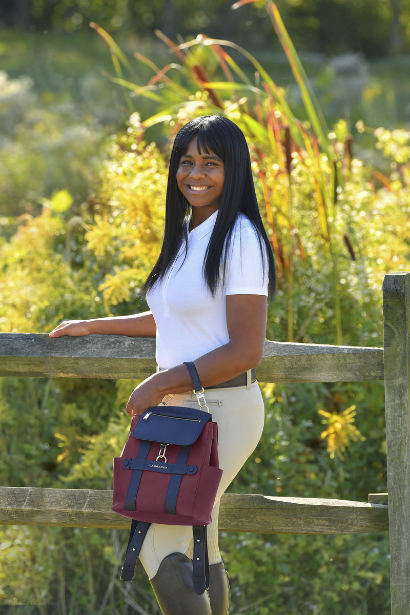 MINI CONVERTIBLE BACKPACK TOTE - CRANBERRY / NAVY WATERPROOF LEATHER