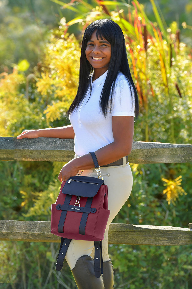 MINI CONVERTIBLE BACKPACK TOTE - CRANBERRY / NAVY WATERPROOF LEATHER