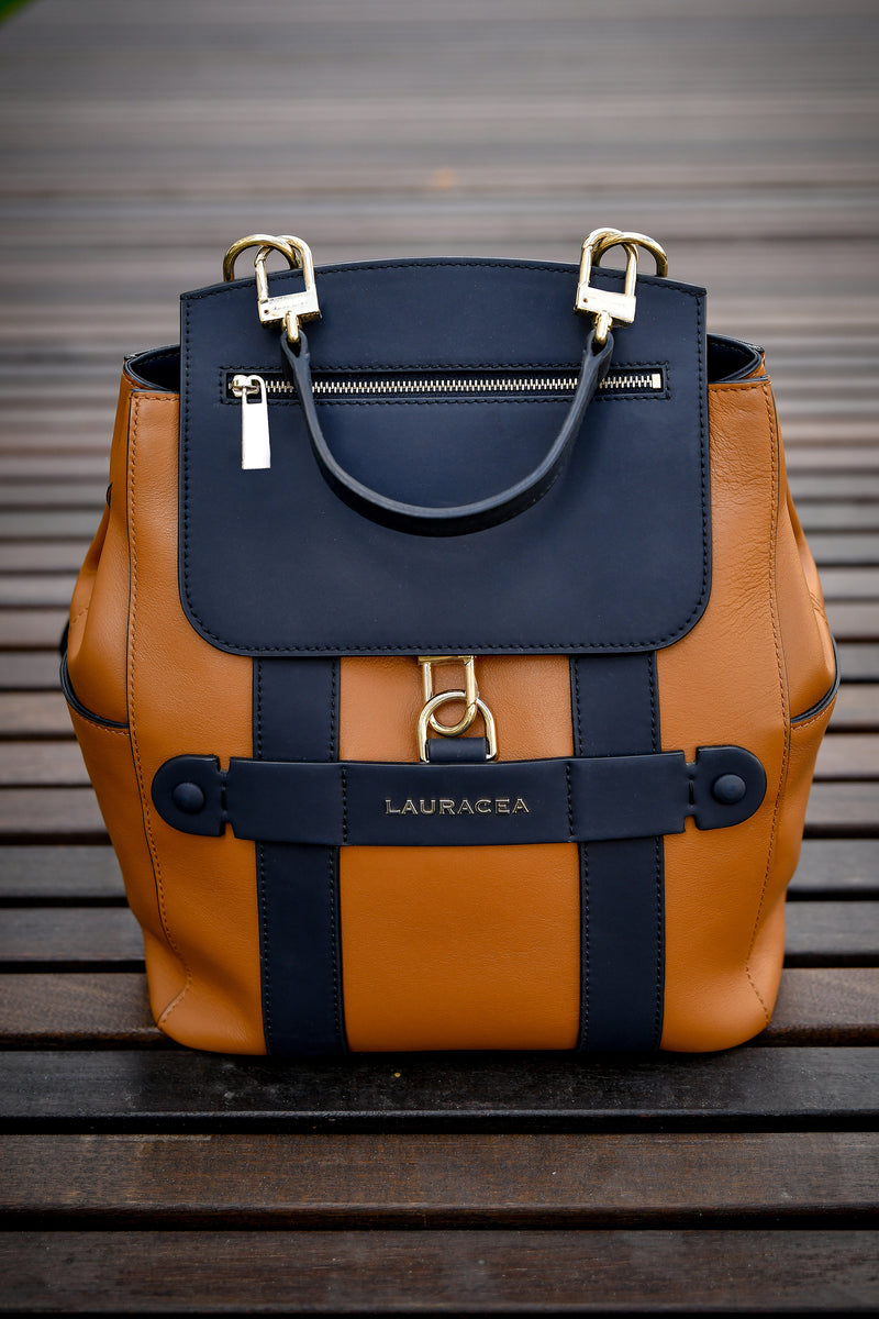 MINI CONVERTIBLE BACKPACK TOTE - CARAMEL / NAVY LEATHER