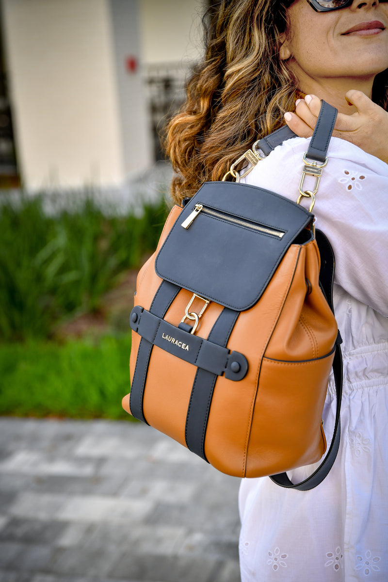 MINI CONVERTIBLE BACKPACK TOTE - CARAMEL / NAVY LEATHER