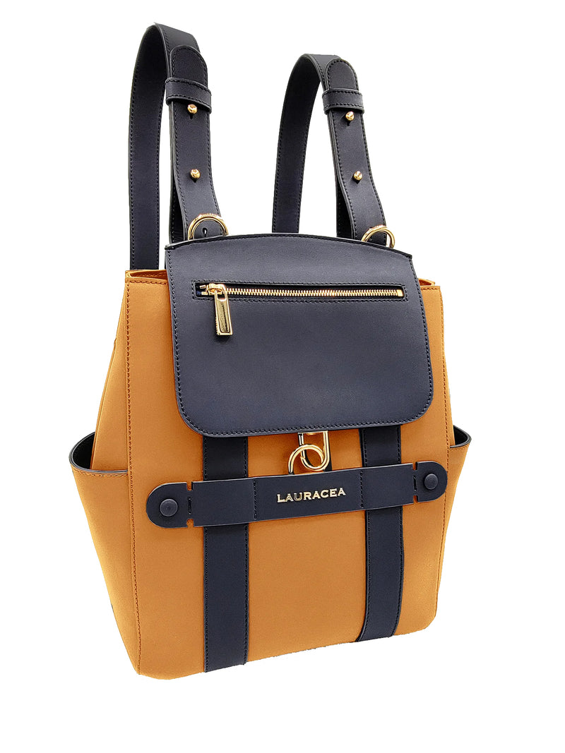 MINI CONVERTIBLE BACKPACK TOTE - CARAMEL / NAVY LEATHER