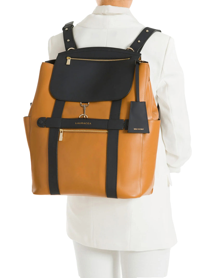 CONVERTIBLE BACKPACK TOTE - CARAMEL / NAVY LEATHER