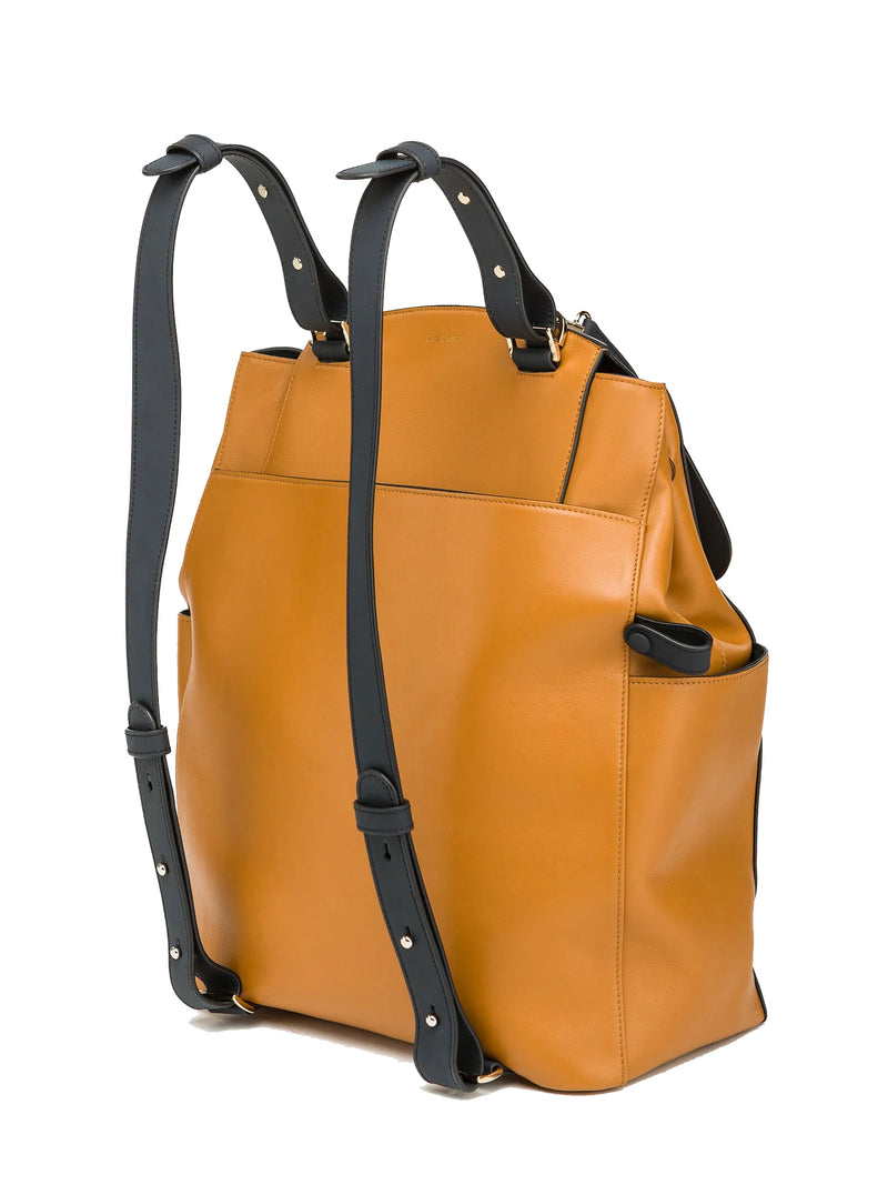 CONVERTIBLE BACKPACK TOTE - CARAMEL / NAVY LEATHER