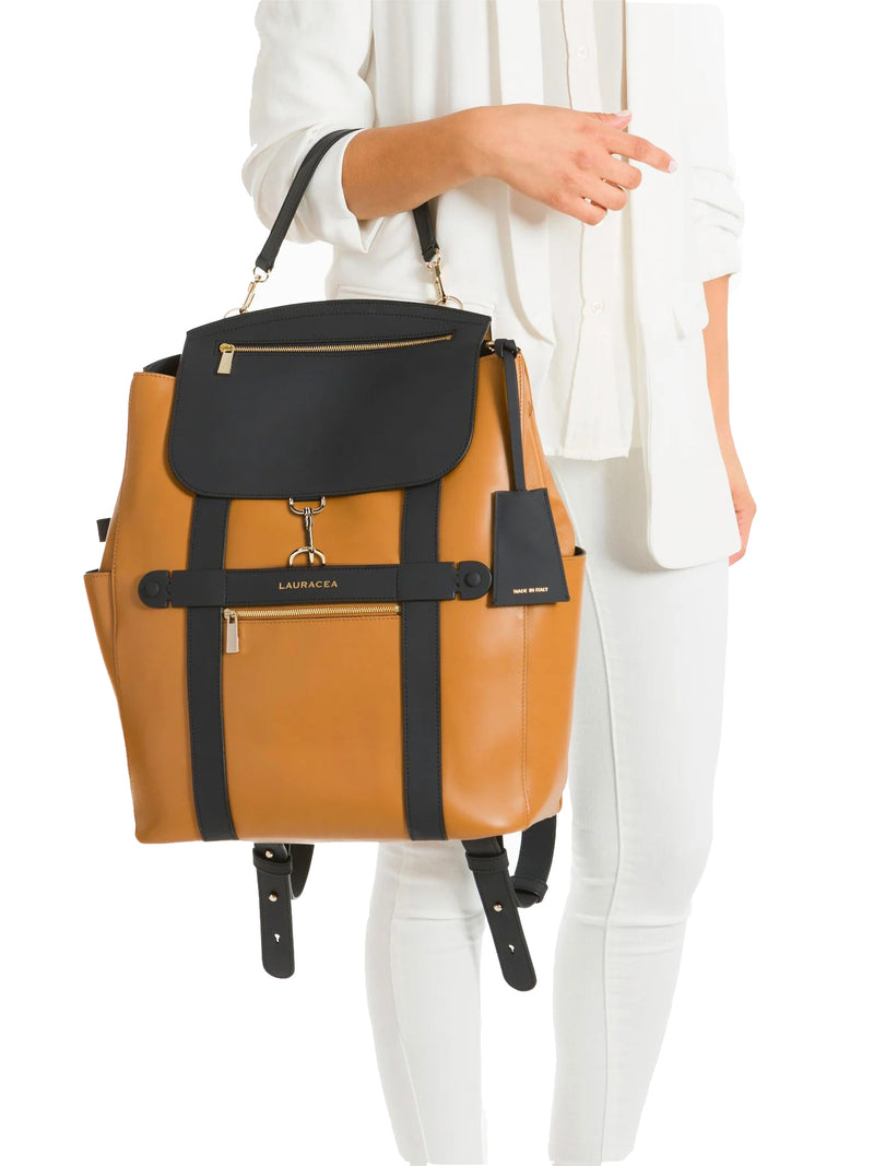 CONVERTIBLE BACKPACK TOTE - CARAMEL / NAVY LEATHER