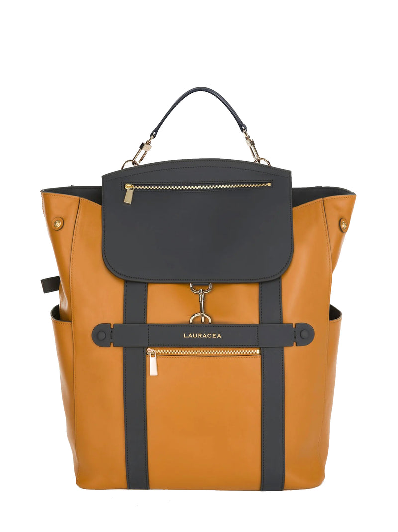 CONVERTIBLE BACKPACK TOTE - CARAMEL / NAVY LEATHER