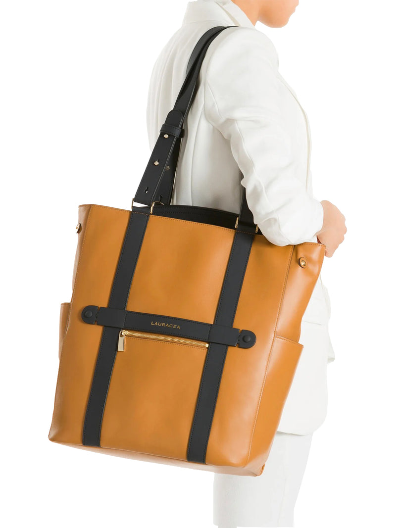 CONVERTIBLE BACKPACK TOTE - CARAMEL / NAVY LEATHER