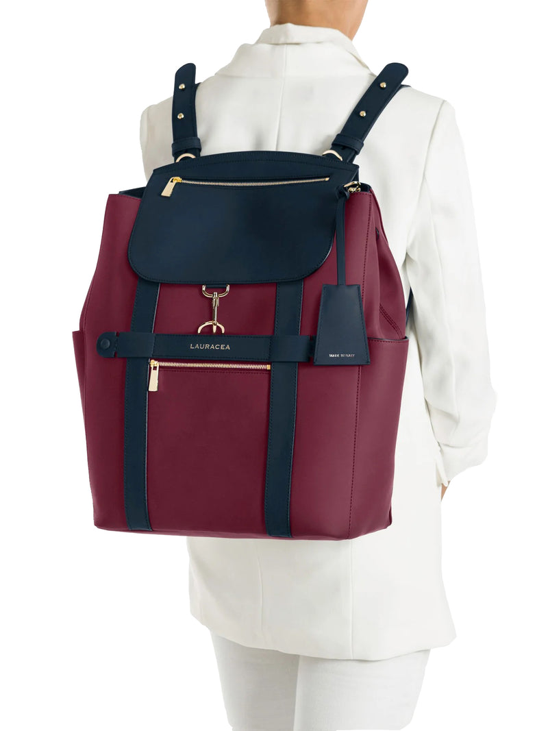 CONVERTIBLE BACKPACK TOTE - CRANBERRY / NAVY WATERPROOF LEATHER