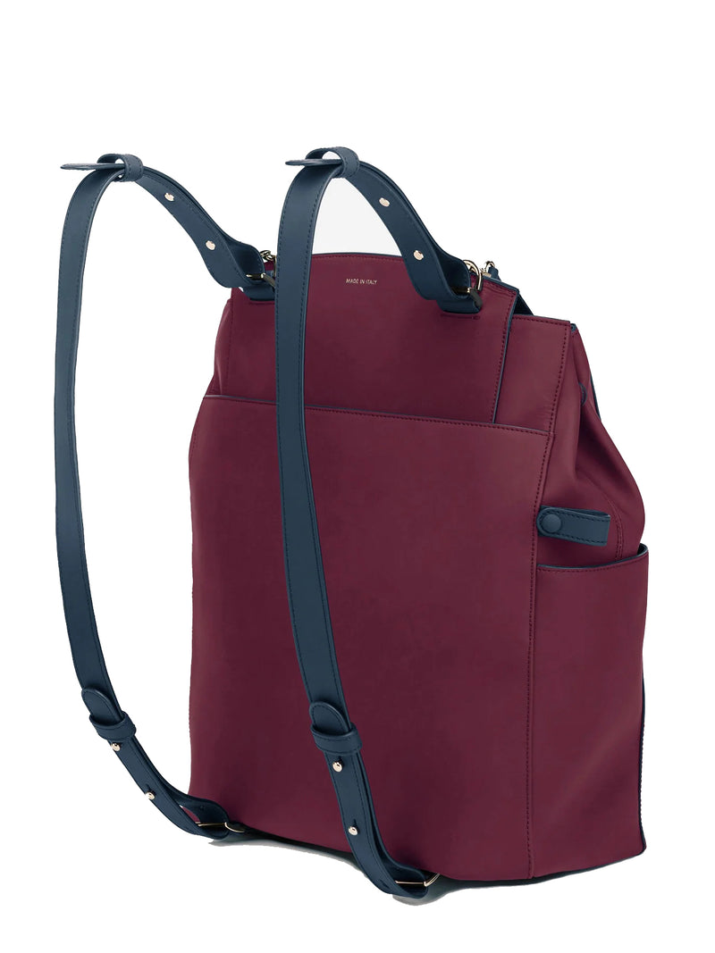 CONVERTIBLE BACKPACK TOTE - CRANBERRY / NAVY WATERPROOF LEATHER