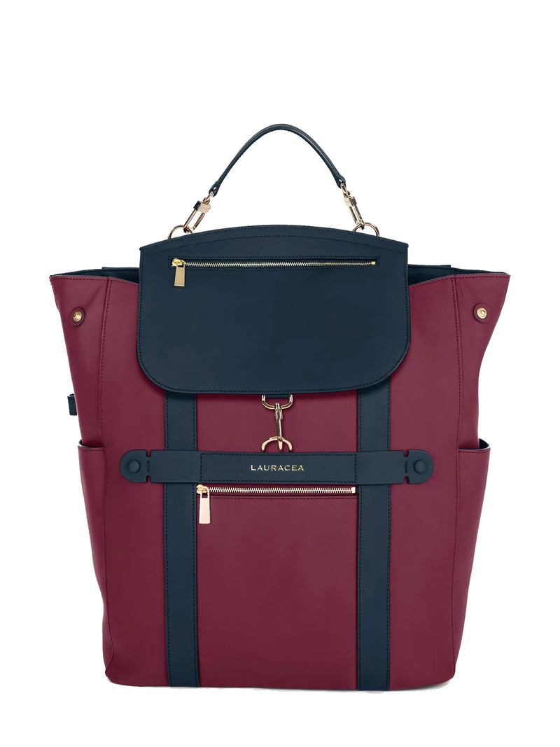 CONVERTIBLE BACKPACK TOTE - CRANBERRY / NAVY WATERPROOF LEATHER