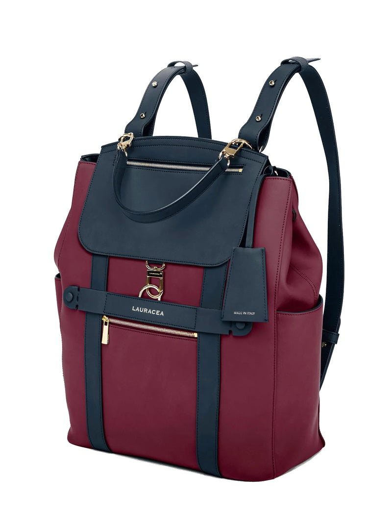 CONVERTIBLE BACKPACK TOTE - CRANBERRY / NAVY WATERPROOF LEATHER