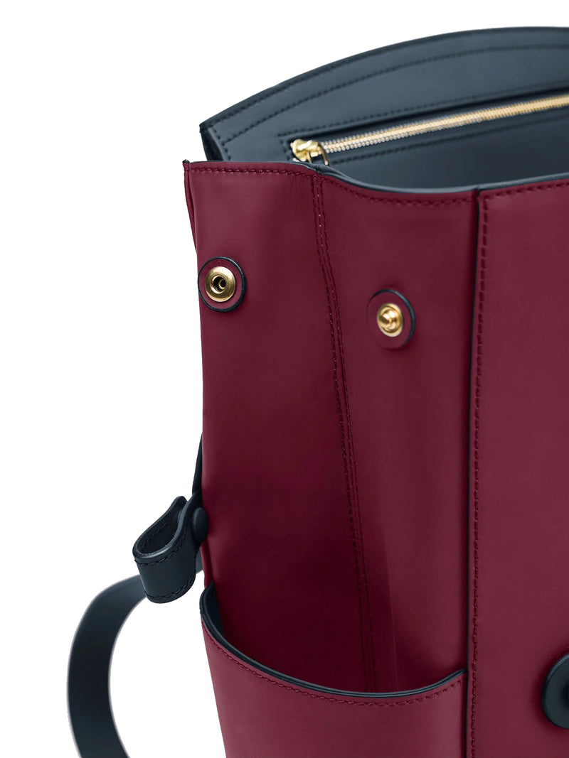 CONVERTIBLE BACKPACK TOTE - CRANBERRY / NAVY WATERPROOF LEATHER