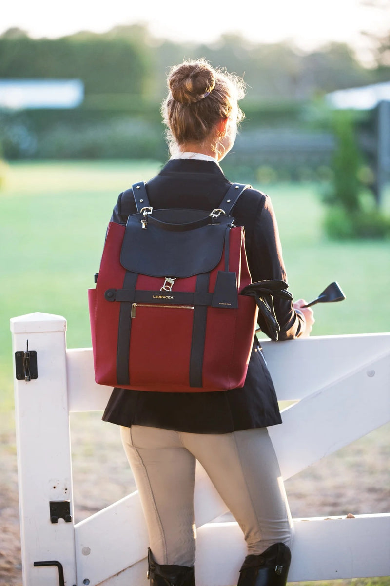 CONVERTIBLE BACKPACK TOTE - CRANBERRY / NAVY WATERPROOF LEATHER