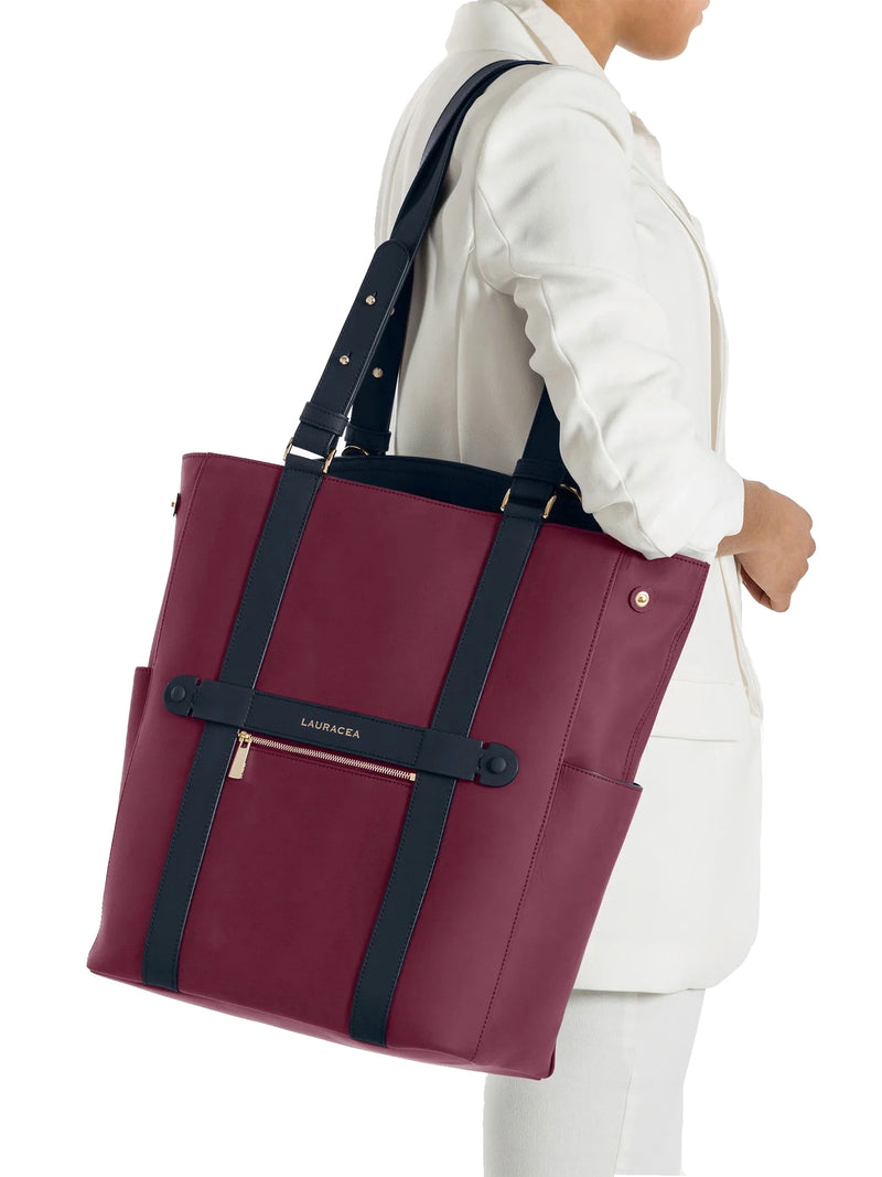 CONVERTIBLE BACKPACK TOTE - CRANBERRY / NAVY WATERPROOF LEATHER