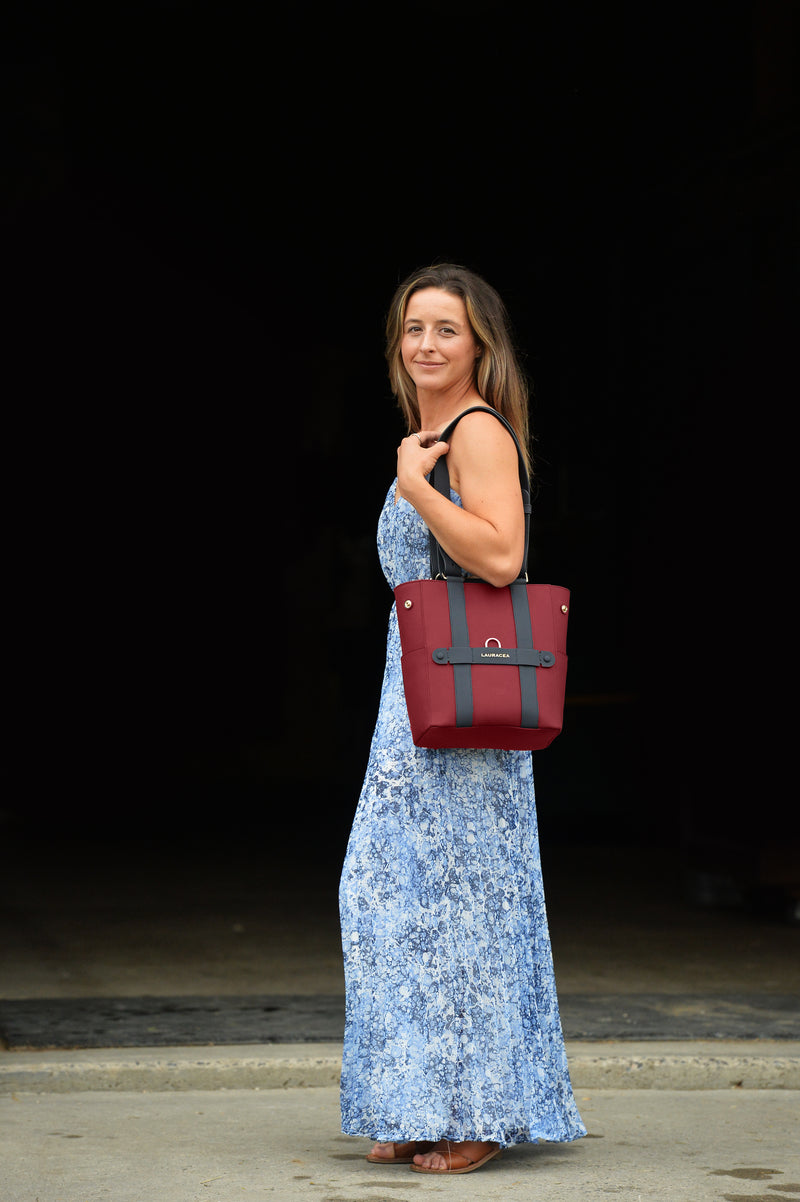 MINI CONVERTIBLE BACKPACK TOTE - CRANBERRY / NAVY WATERPROOF LEATHER