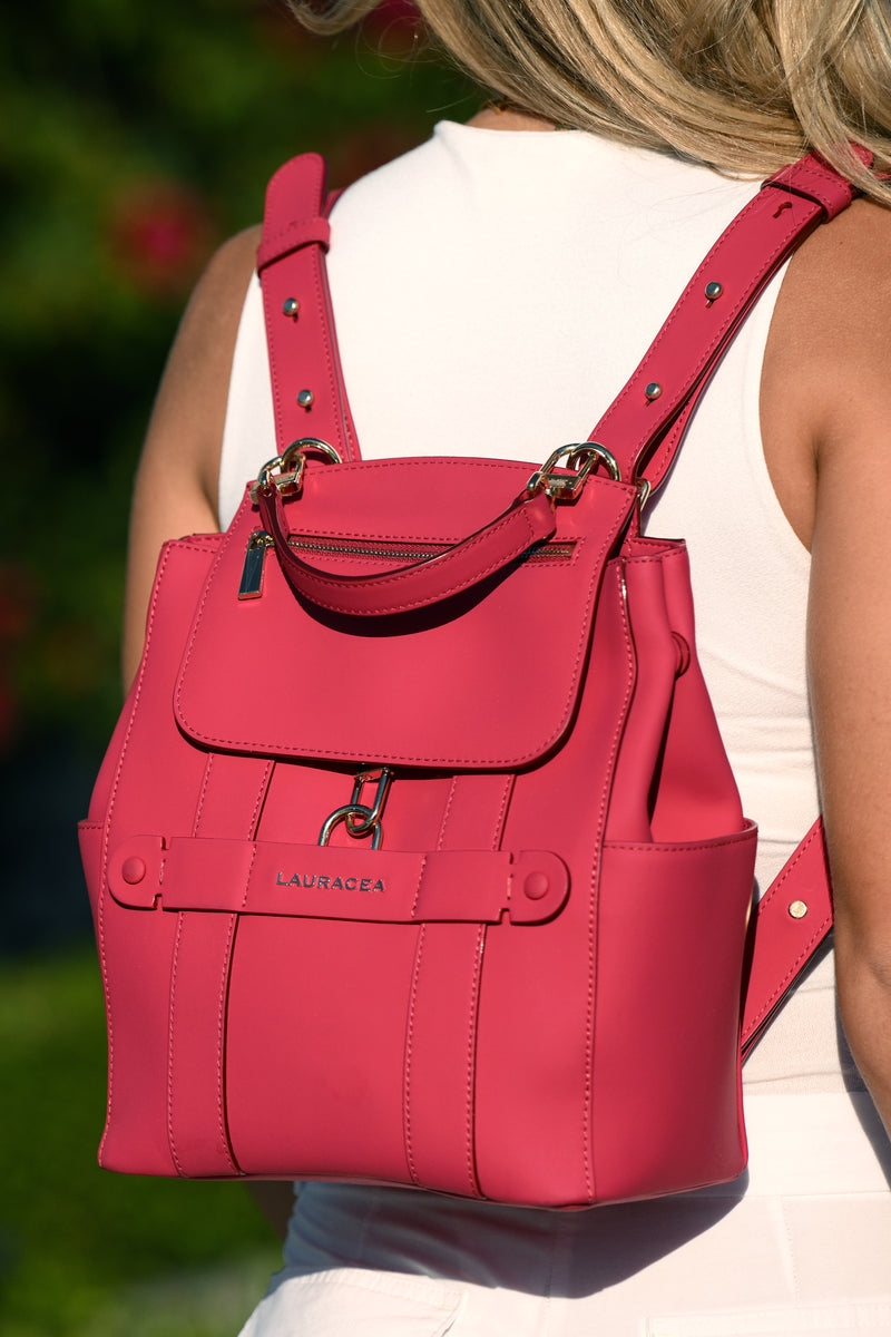 LAURACEA Mini Convertible Backpack Tote Raspberry Red Waterproof Leather