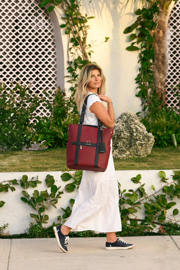 CONVERTIBLE BACKPACK TOTE - CRANBERRY / NAVY WATERPROOF LEATHER