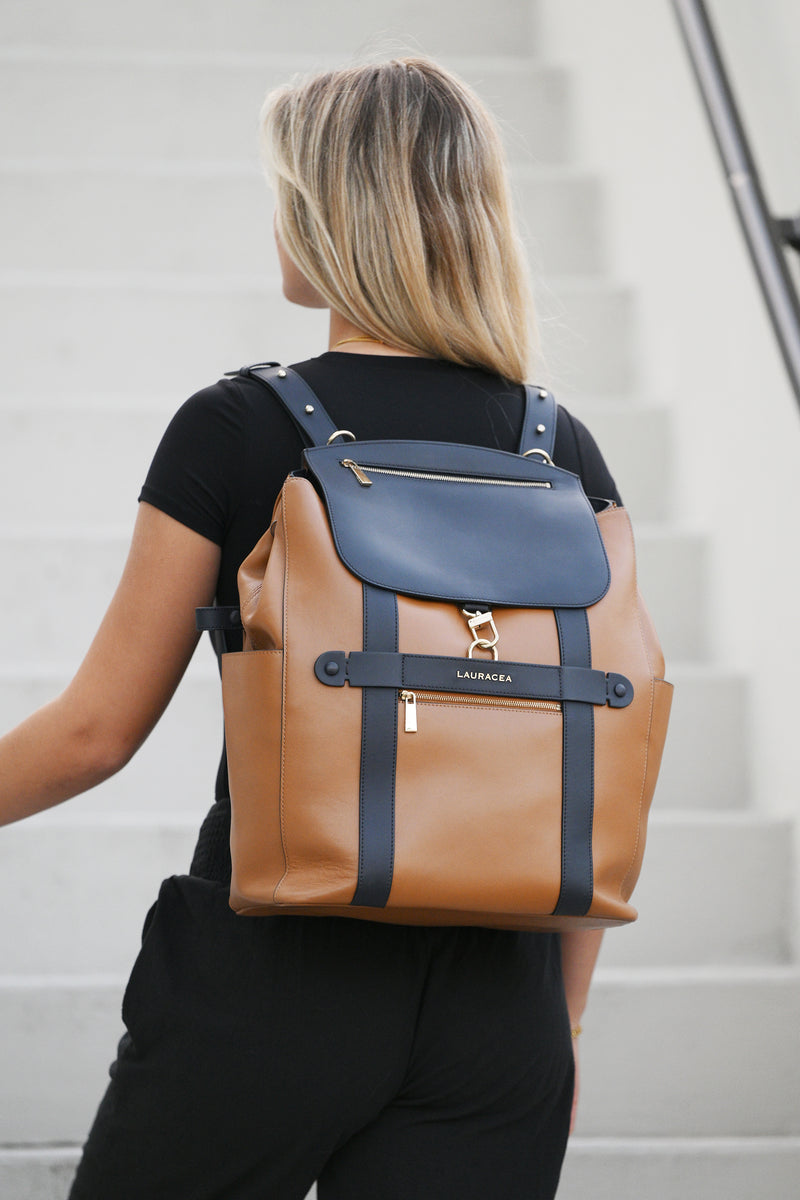 CONVERTIBLE BACKPACK TOTE - CARAMEL / NAVY LEATHER