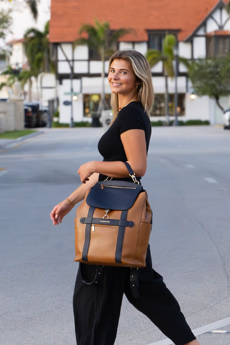 CONVERTIBLE BACKPACK TOTE - CARAMEL / NAVY LEATHER