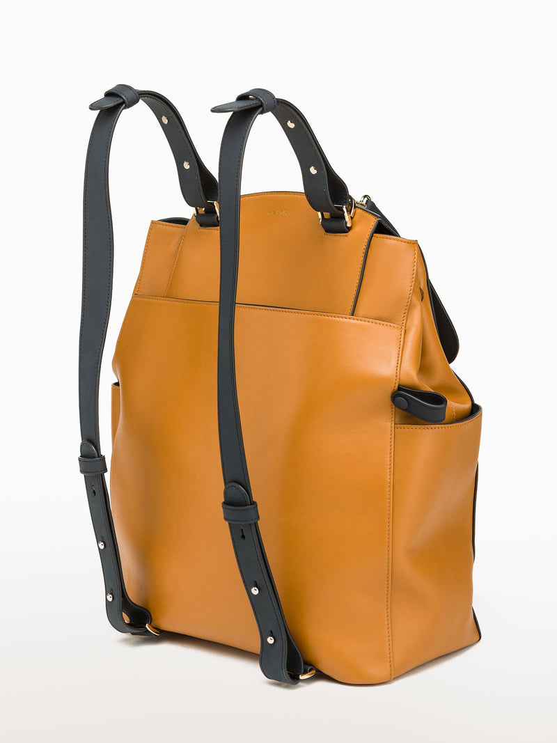 Convertible Backpack Tote Caramel Navy [Leather Tote, Caramel Bag, Leather Bag, Navy Bag]