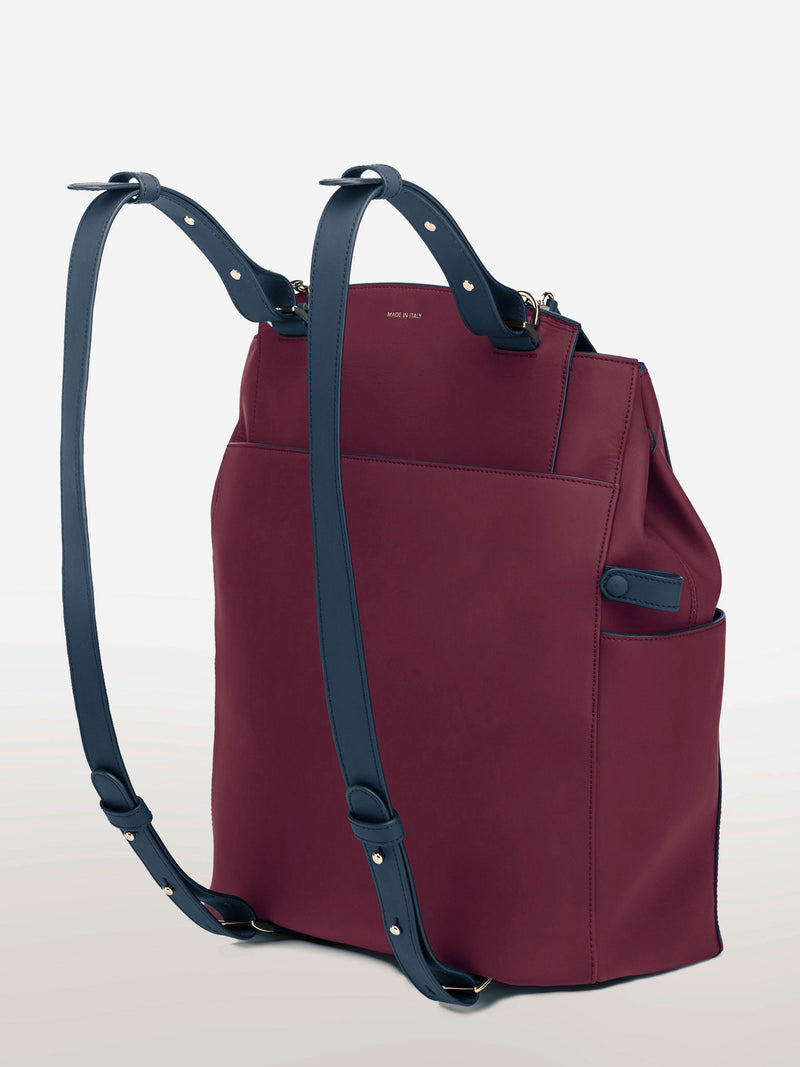 Convertible Backpack Tote Cranberry Navy Matte [Leather Tote, Cranberry Bag, Leather Bag, Cranberry Navy Bag]