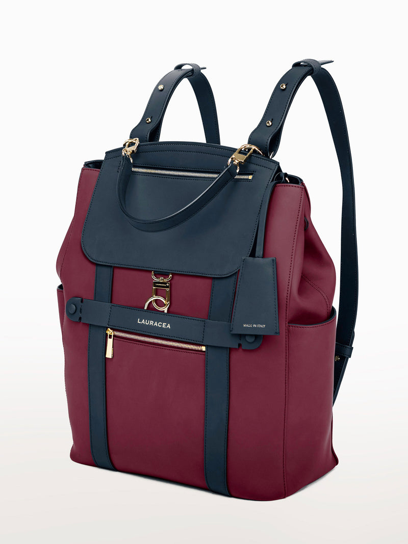 Convertible Backpack Tote Cranberry Navy Matte [Leather Tote, Cranberry Leather Tote, Equestrian Sport Backpack]