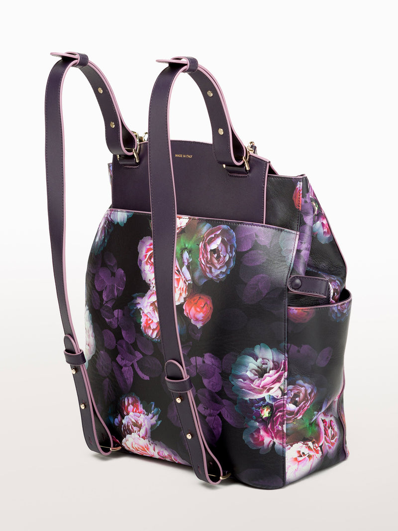 Convertible Backpack Tote Black Peony [Leather Tote, Peony Print Bag, Leather Bag]